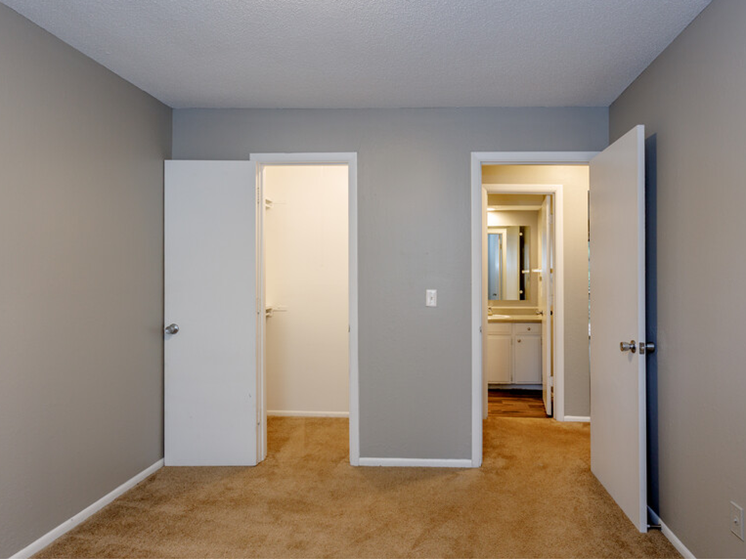 large carpeted room with walk in closet